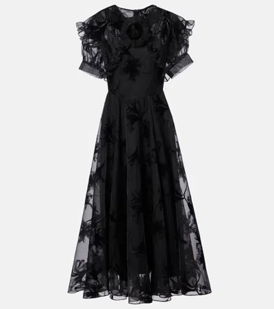 Rodarte Ruffled Floral Organza Midi Dress In Black