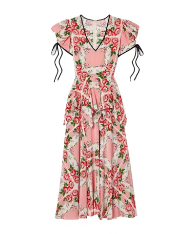 Rodarte Ruffled Printed Silk Crepe De Chine Midi Dress In Pink