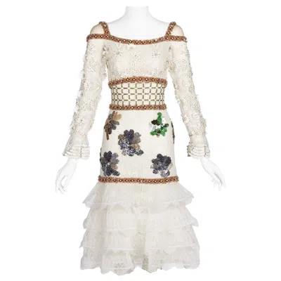 Pre-owned Rodarte Runway Crystal Sequin Lace Ruffle Dress Fw 2016 In Sand