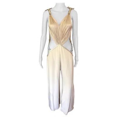 Pre-owned Rodarte Runway Sheer Swarovski Crystals Embellished Plunged Open Back Jumpsuit In Sand