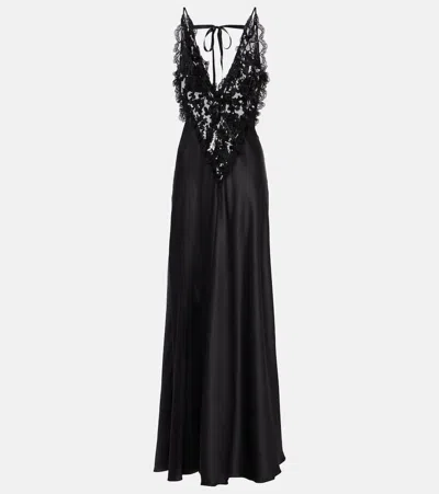 Rodarte Sequined Lace-trimmed Satin Gown In Black