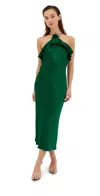 Rodarte Silk Satin Bias Halter Slip Dress With Ruffle Detail And Silk Flower Dark Green In Green