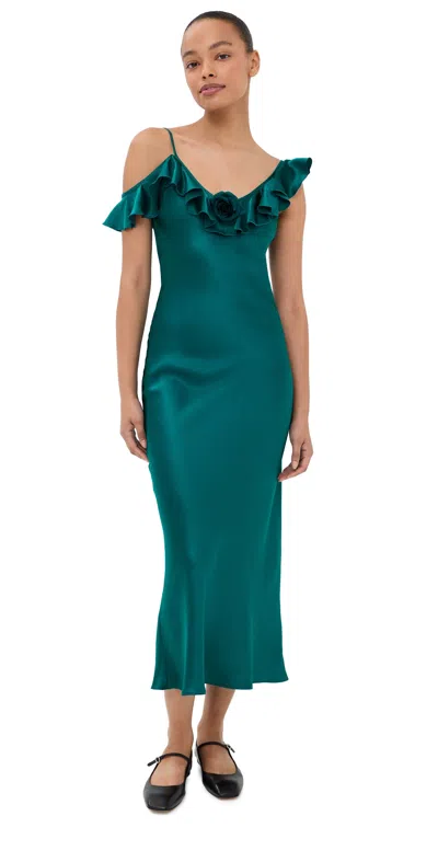 Rodarte Silk Satin Ruffle Bias Slip Dress Teal In Green