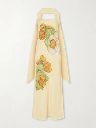 Rodarte Strapless Scarf-detailed Floral-print Silk-crepe Gown In Brown