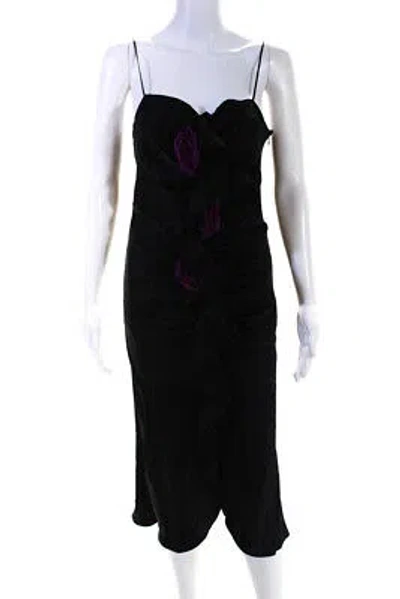 Pre-owned Rodarte Womens Satin Front Ruffle Silk Rose Sheath Dress Black Purple Size 4