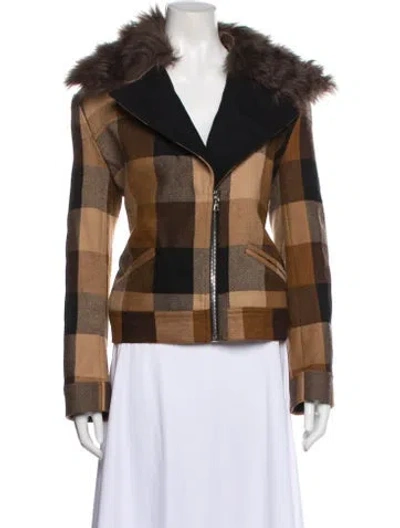 Pre-owned Rodarte Wool Plaid Print Fur Jacket In Brown