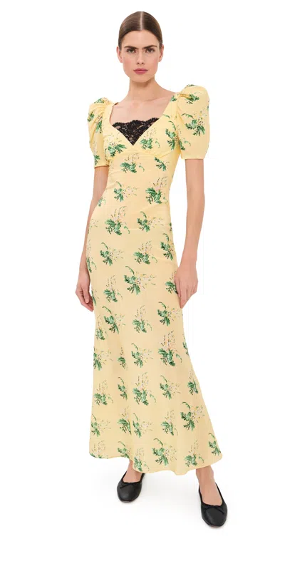 Rodarte Yellow Bouquet Floral Silk Crepe Dress Yellow