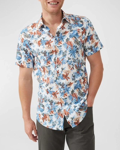 Rodd & Gunn Oyster Cove Floral Print Short Sleeve Cotton Button-up Shirt In Turquoise