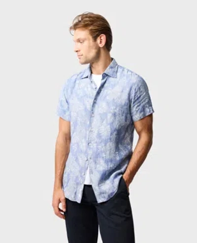 Rodd & Gunn Savill Bay Frond Print Short Sleeve Linen Button-up Shirt In Chambray