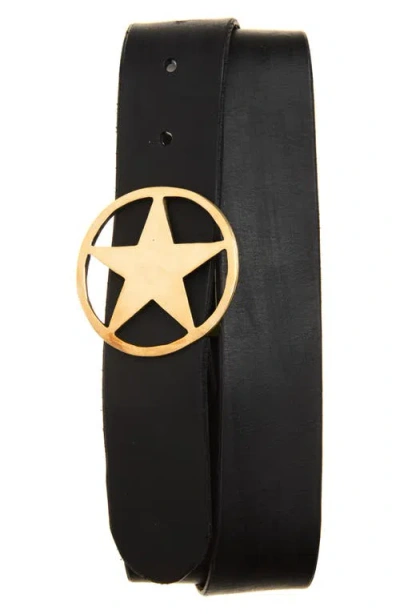 Rodeo Work Wear Brass Star Buckle Leather Belt In Black