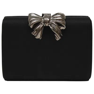 Pre-owned Rodo 1980s  Black Satin Clutch With Metal Bow Detail