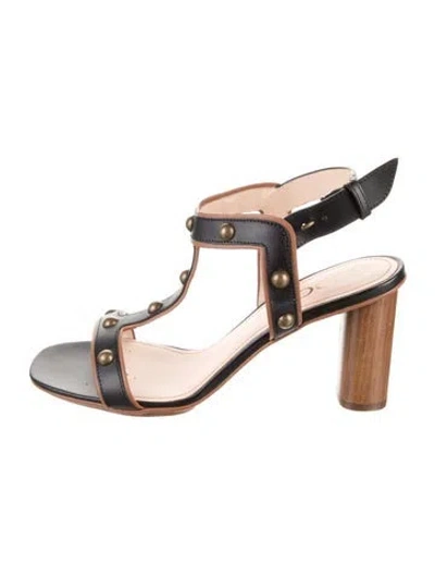 Pre-owned Rodo Leather Studded Accents T-strap Sandals In Black