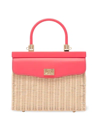 Rodo Wicker And Leather Medium Handbag In Fuchsia