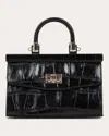 Rodo Women's Small Paris Croc Embossed Leather Handbag In Black