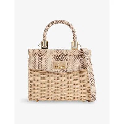 Rodo Womens Small Willow Paris Snakeskin-pattern Faux-leather And Wicker Top-handle Bag Beige/light Weave