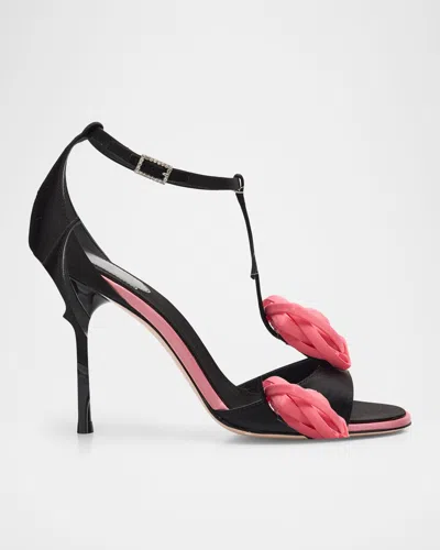 Roger Vivier 100mm Epine Rose T-strap Satin Sandals In Black