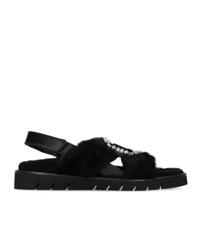 Roger Vivier 10mm Viiv Winter Strass  Fur Sandals In Black