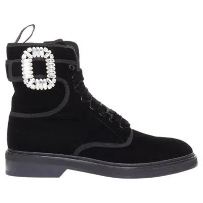 Pre-owned Roger Vivier 2020 Viv Rangers Velvet Crystal Strass Buckle Utility Combat Boots In Black