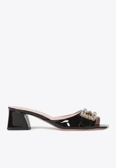 Roger Vivier Patent Crystal Buckle Slide Sandals In Black