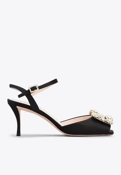 Roger Vivier 65 Flower Strass Diamond Buckle Satin Sandals In Black