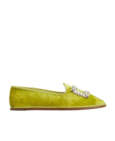 Roger Vivier Babby Viv' Strass Embroidered Buckle Slippers In Velvet In Green