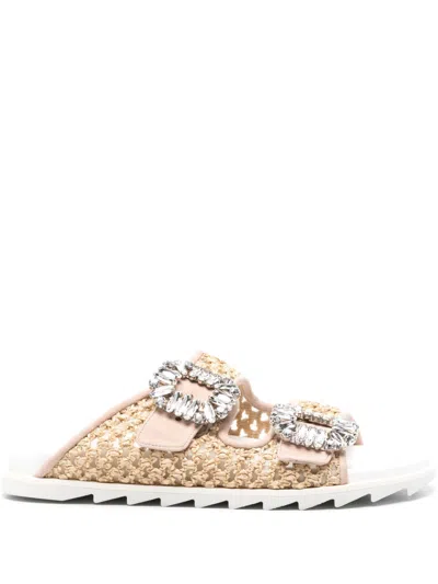 Roger Vivier Slidy Viv Raffia Sandals In Beige