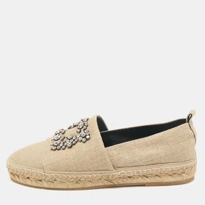 Pre-owned Roger Vivier Beige Canvas Crystal Embellished Espadrille Flats Size 36.5