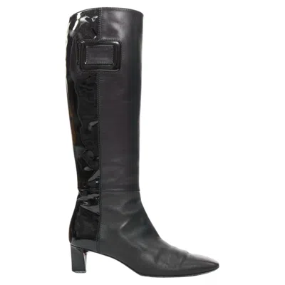 Pre-owned Roger Vivier Belle Patent Leather Split Patchwork Buckle Pointy Toes Heel Boots In Black