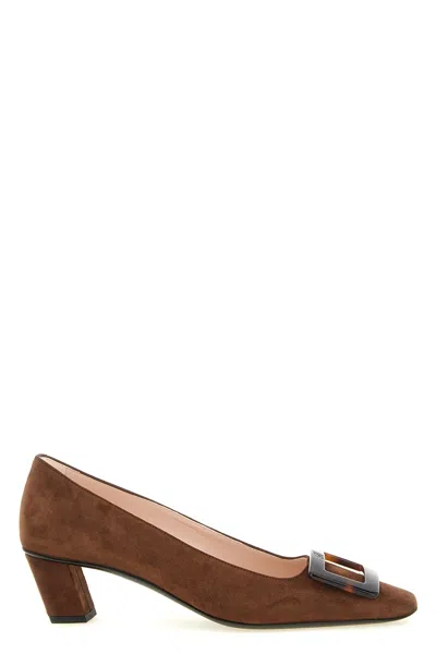 Roger Vivier Belle Viver Loafers Block Heel Buckle Suede In Brown
