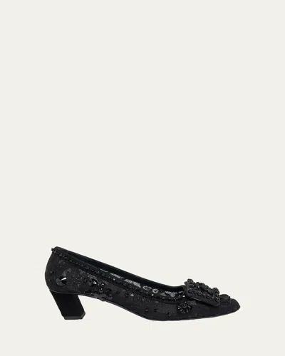 Roger Vivier Belle Vivier Buckle Embellished Lace Pumps In Black