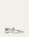 Roger Vivier Belle Vivier Metallic Leather Crystal Buckle Mary Jane Ballerina Flats In Silver