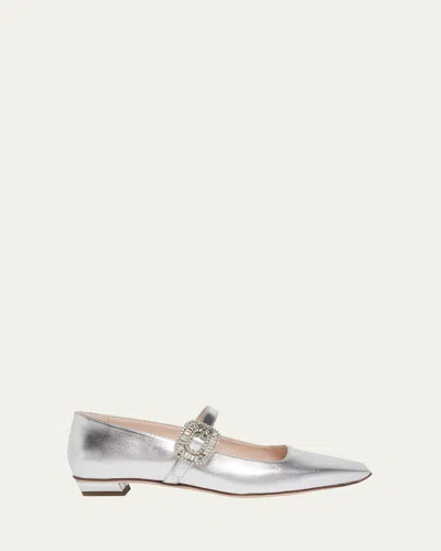 Roger Vivier Belle Vivier Metallic Leather Crystal Buckle Mary Jane Ballerina Flats In Silver