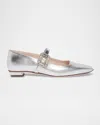 Roger Vivier Belle Vivier Metallic Leather Crystal Buckle Mary Jane Ballerina Flats In Silver