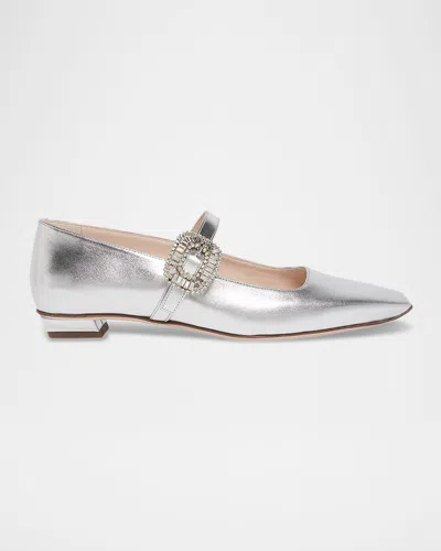 Roger Vivier Belle Vivier Metallic Leather Crystal Buckle Mary Jane Ballerina Flats In Silver