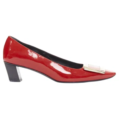 Pre-owned Roger Vivier Belle Vivier Red Patent Leather Square Buckles Heel Pumps Eu36.5