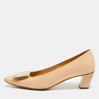 Pre-owned Roger Vivier Belle Vivier Size 36.5 Beige Patent Leather Block Heel Pumps In Sand