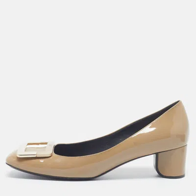 Pre-owned Roger Vivier Belle Vivier Size 37.5 Brown Patent Leather Block Heel Pumps