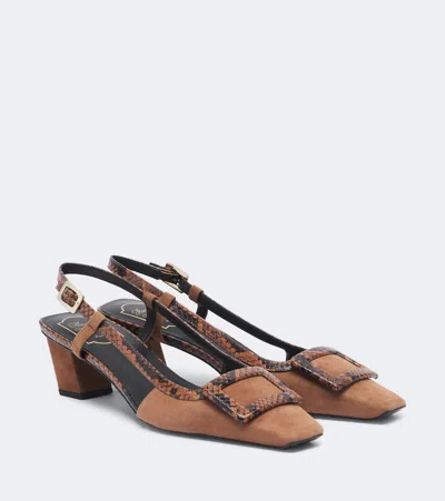 Roger Vivier Belle Vivier Snake-effect Suede Slingback Pumps In Brown