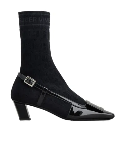 Roger Vivier Belle Vivier Sock Lacquered Buckle Ankle Boots In Black