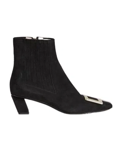 Roger Vivier Belle Vivier Suede And Metal Buckle Chelsea Booties In Black