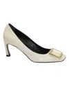 ROGER VIVIER BELLE VIVIER TROMPETTE METAL BUCKLE PUMPS IN WHITE LEATHER