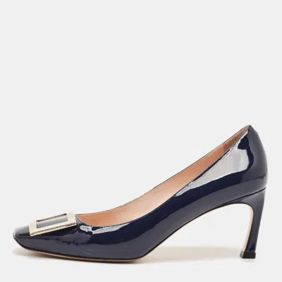 Pre-owned Roger Vivier Belle Vivier Trompette Size 37.5 Navy Blue Patent Leather Pumps