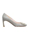 Roger Vivier Gray Calfskin Pumps With Golden Buckle And 7cm Stiletto Heel In Gray
