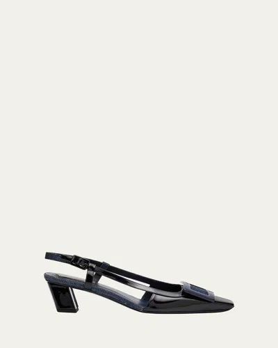 Roger Vivier Bicolor Leather Denim Buckle Slingback Pumps In Galassia Nero