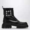 Roger Vivier Leather Lace-up Booties With Jeweled Buckle In Black