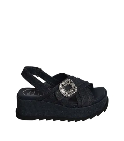 Roger Vivier Denim Wedge Sandals In Black