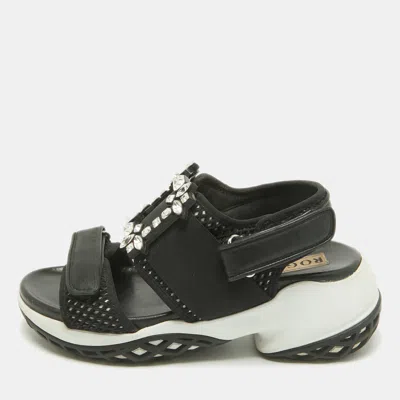 Pre-owned Roger Vivier Black Leather And Mesh Viv Run Strass Buckle Sandals Size 39