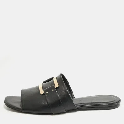 Roger Vivier Black Leather Buckle Flat Slides