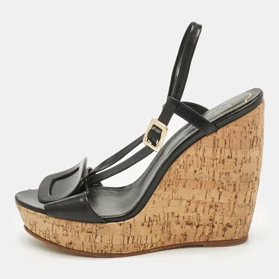 Roger Vivier Black Leather Buckle Wedge Slingback Sandals