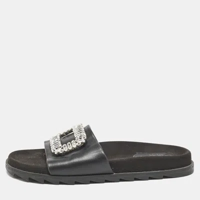 Pre-owned Roger Vivier Black Leather Crystal Embellished Flat Slide Sandals Size 37